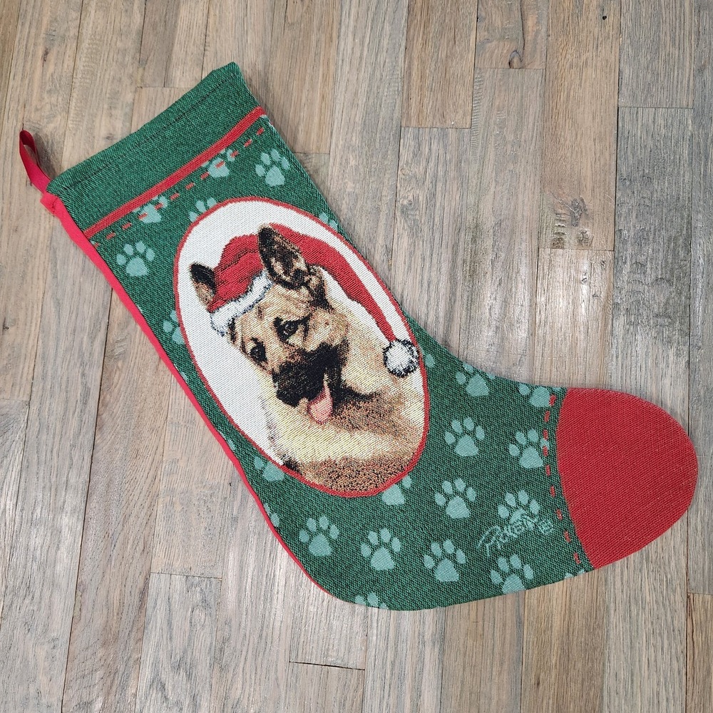 German Shepherd Dog Christmas Tapestry Stocking USA Red Green Santa Hat Picken